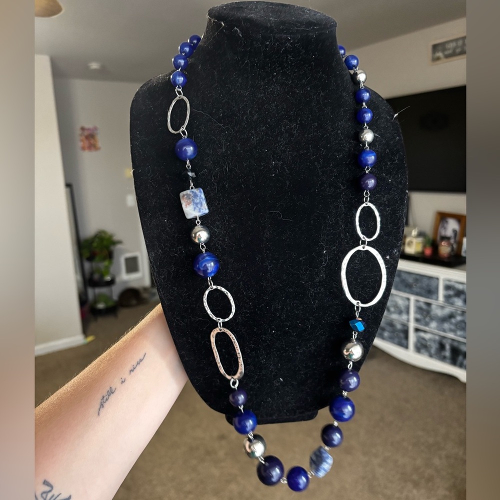 Blue Beaded Long Necklace with Silver Accents
